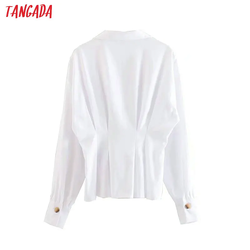 Tangada women elegant white blouse tunics design turn down collar long sleeve chic pleated shirt blusas femininas 5Z17