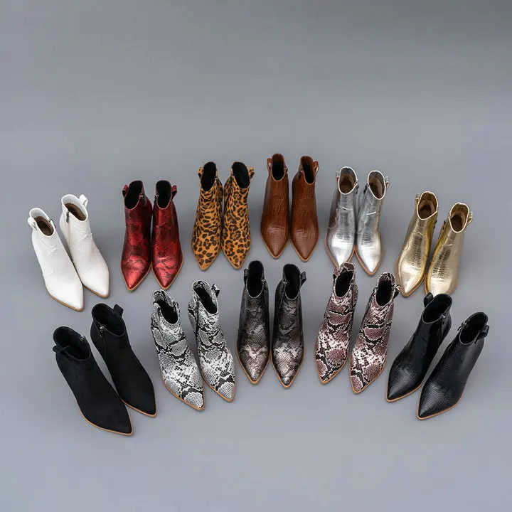 Осенне-зимние женские ботильоны; женские ковбойские ботинки на молнии; ботинки на высоком массивном каблуке; цвет белый, коричневый, черный, Леопардовый, золотой, серебряные сапоги