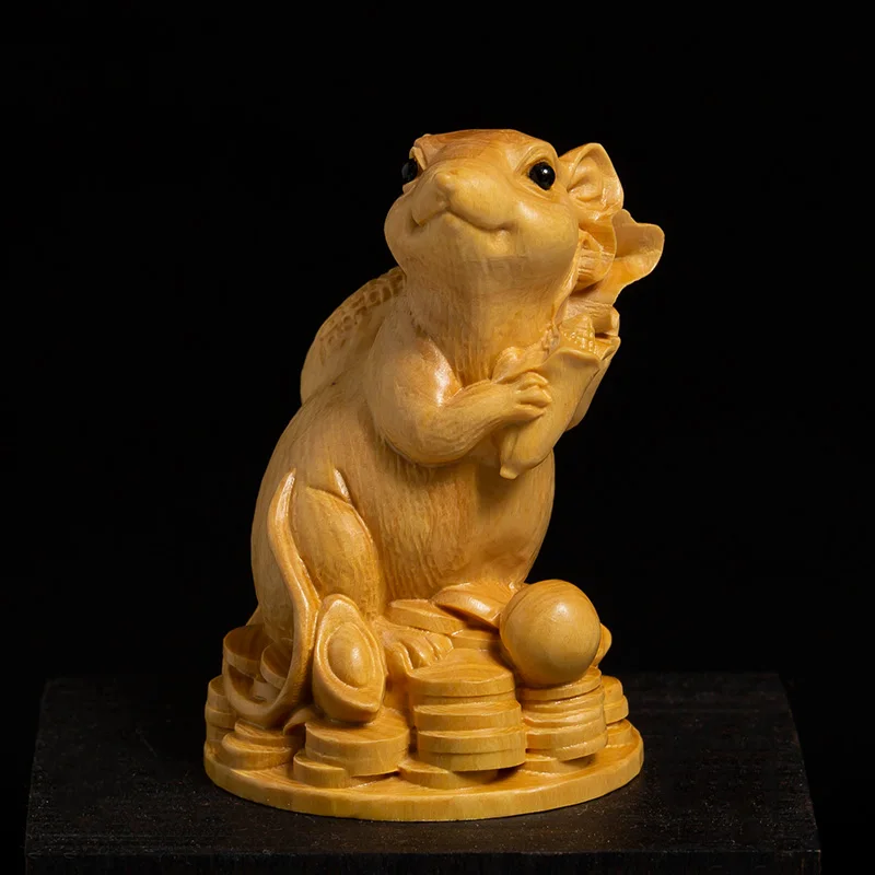 Boxwood Statue Rich Rat Zodiac Lucky Feng Shui Living Room Decorative Wood Carving Crafts Gold Mouse Animal Sculpture Home Decor