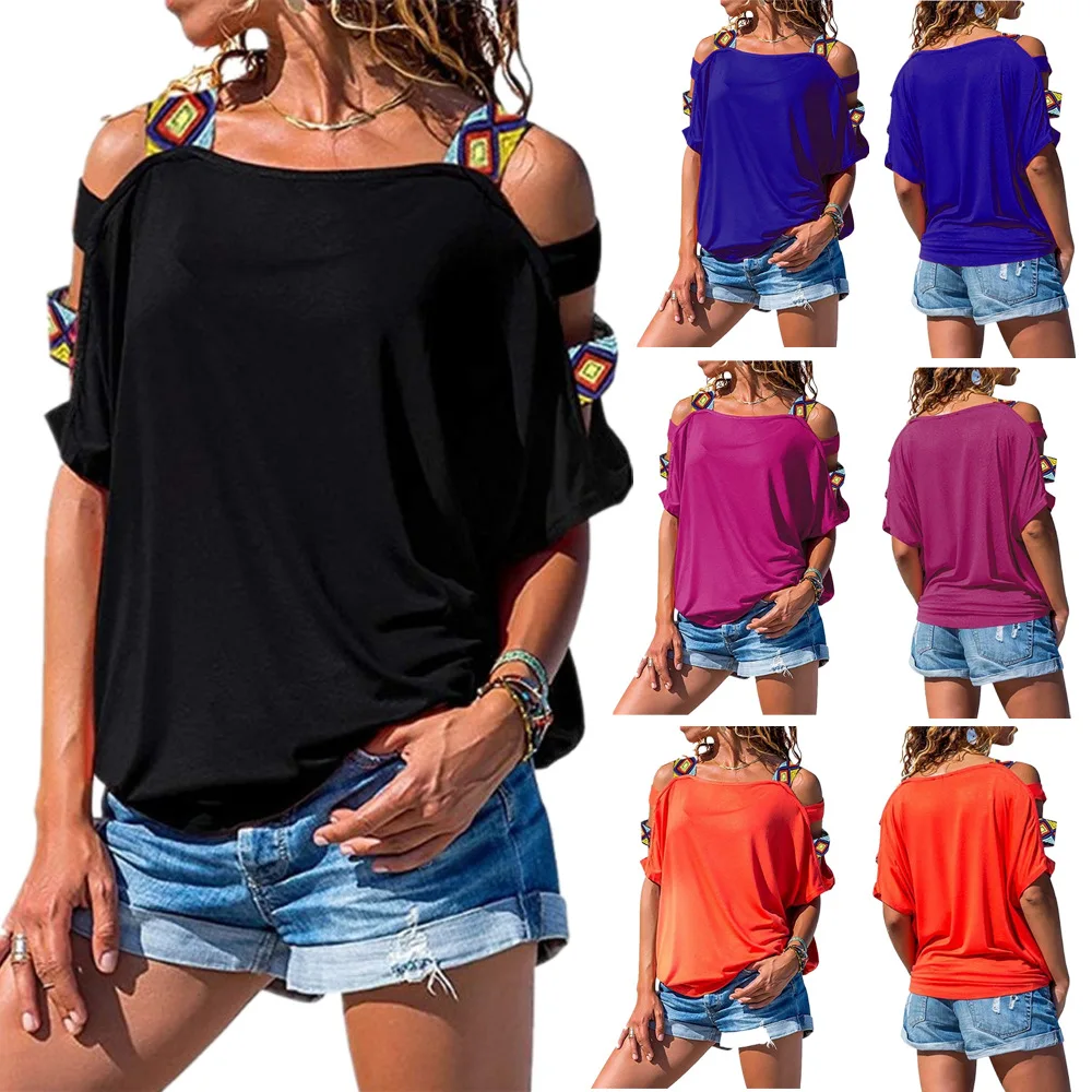 

Cross-Border Hot Selling European and American Women's Solid Color Hollow-out Short-Sleeved off-Shoulder T-shirt Top