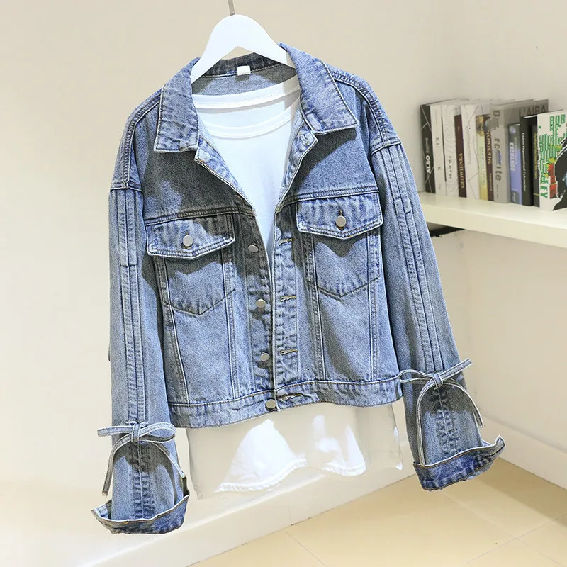 

Women Denim Jacket Spring Autumn Vintage Bow Long Sleeve Loose Boyfriend Jean Coat Casual Single Breasted Outwear Chaqueta Mujer