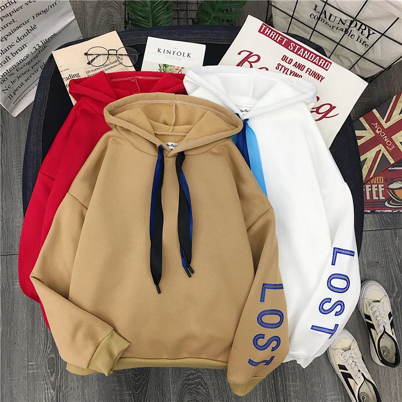 

New INS Style Sweatshirt Women Hoodies Simple Warm Long Sleeve Letter Print Pullovers Plus Velvet Loose Oversized Hoodie #25