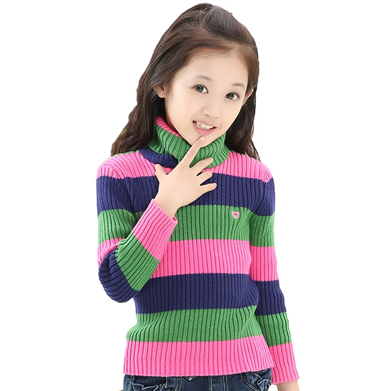 

INS Hot Selling Autumn And Winter New Style Girls Revers High Collar with Stripes Pure Cotton Sweater