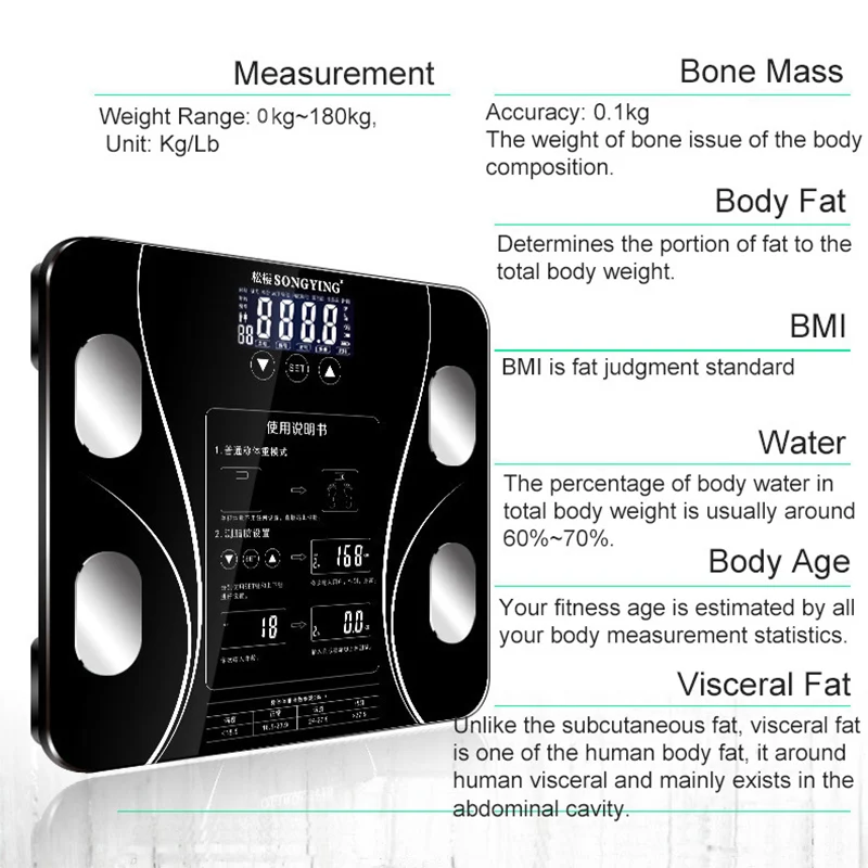 Весы для тела в ванной, BMI, умные электронные весы, весы для ванной, светодиодный, цифровые, бытовые весы, весы