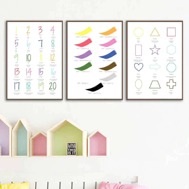 Russian-Bilingual-Language-Poster-Kids-Educational-Prints-Numbers-Colours-Shapes-Canvas-Pictures-Nursery-Classroom-Wall-Painting