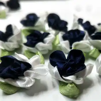

HL 30pcs navy color ribbon flowers with leaf handmade apparel sewing appliques DIY accessories D0206
