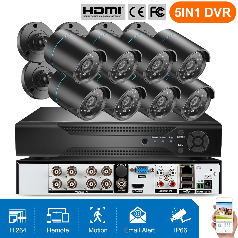 720P/1080P AHD Security 5IN1 DVR CCTV Surveillance System With 8PCS Waterproof Outdoor Camera Night Vision Surveillance Kit