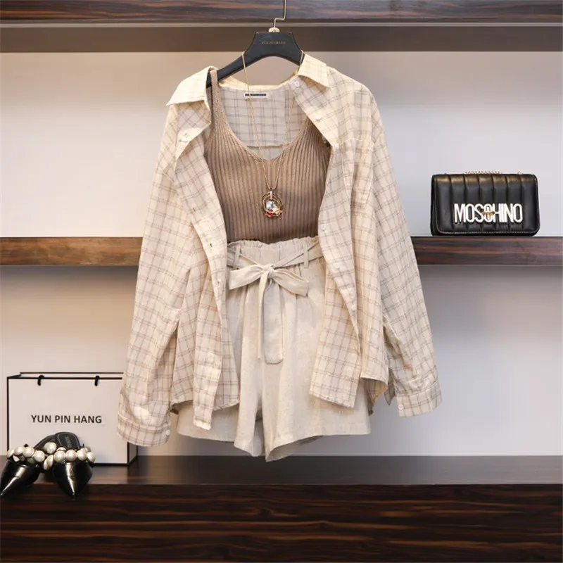 Summer Autumn Three Piece Sets Women Casual Linen Plaid Tops + Shorts Elastic Waist Wide Leg Pant Suit Outfits Matching Set A187 Summer Autumn Three Piece Sets Women Casual Linen Plaid Tops + Shorts Elastic Waist Wide Leg Pant Suit Outfits Matching Set A187