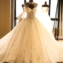 Luxo alta pescoço vestido de baile vestido de casamento beading boné manga vestido de casamento foto real aberto voltar vestido de noiva(China)