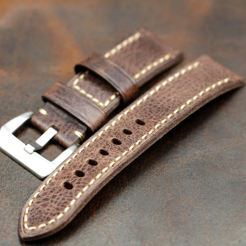 PATARY Handmade vintage cracked leather strap 24MM thick trimmed Italian calfskin strap For Panerai leather watchbands