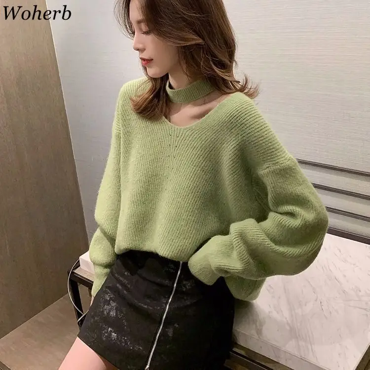Woherb свитер женский сплошной цвет выдалбливают трикотажные пуловеры с длинным рукавом Свободные Джемперы корейский Повседневный Модный Pull Femme 90999