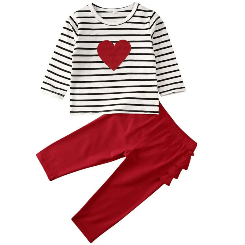 Комплекты одежды для маленьких девочек; одежда в форме сердца; пуловер в полоску с принтом; топы с длинными рукавами; штаны; комплект из 2 предметов