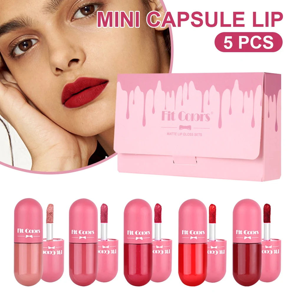 5pcs Matte Velvet Mini Capsule Lip Gloss Set Liquid Lipstick Waterproof Long Lasting Non-Stick Lipgloss Makeup for Women | Красота и