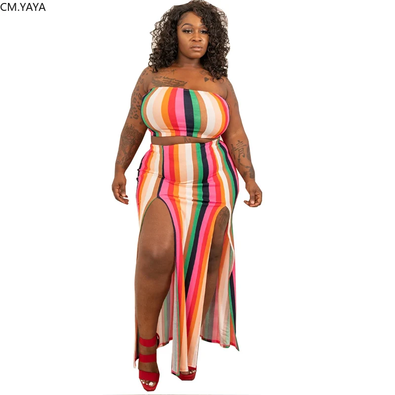 

PLus size XL-5XL women Summer Striped Print Strapless Top long open Skirt suit bodycon tracksuit two piece set sexy dress GL1067