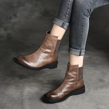 

Women Ankle Boots Genuine Leather Brand Low Heels Shoes Women Handmade Waxed Leather Martin Boots Women Winter 2019 Retro Shoes