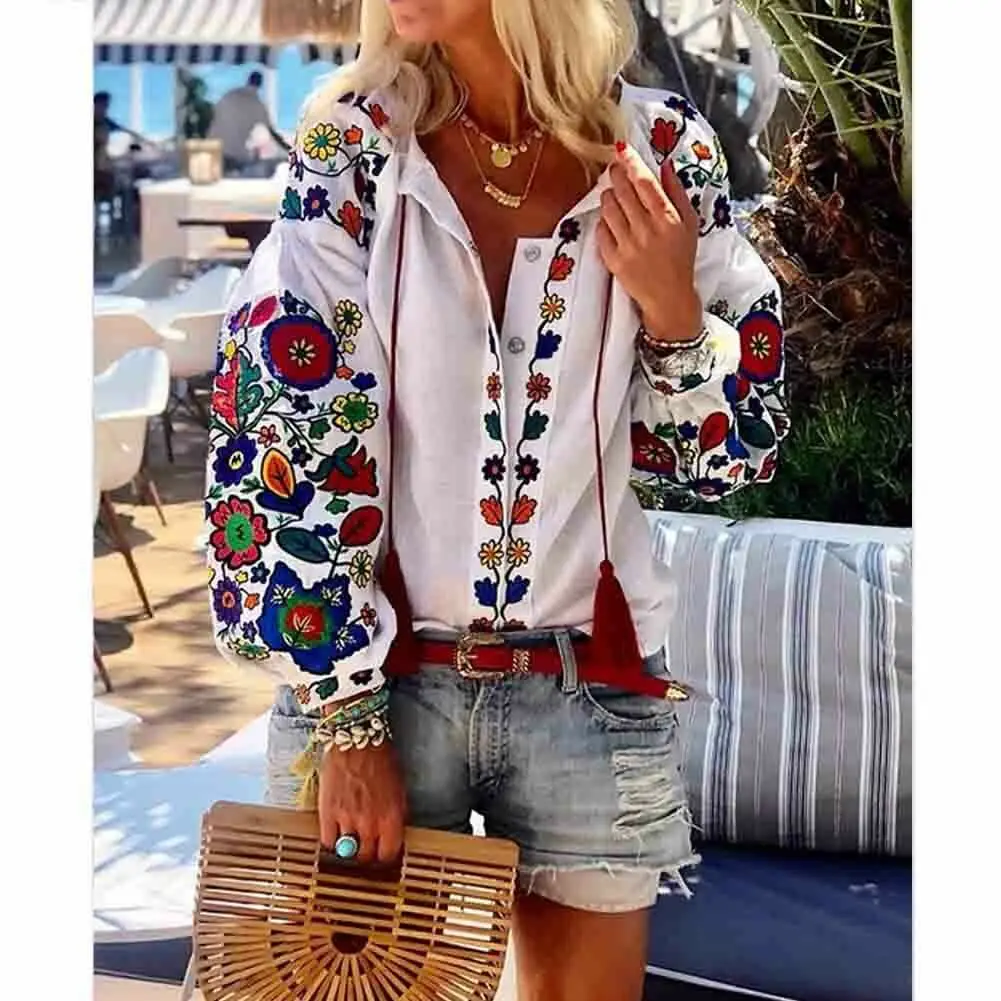 Hirigin Spring Autumn Women Casual Flower Print Linen Button Long Lantern Sleeve Tunic Blouse National Feature Wear