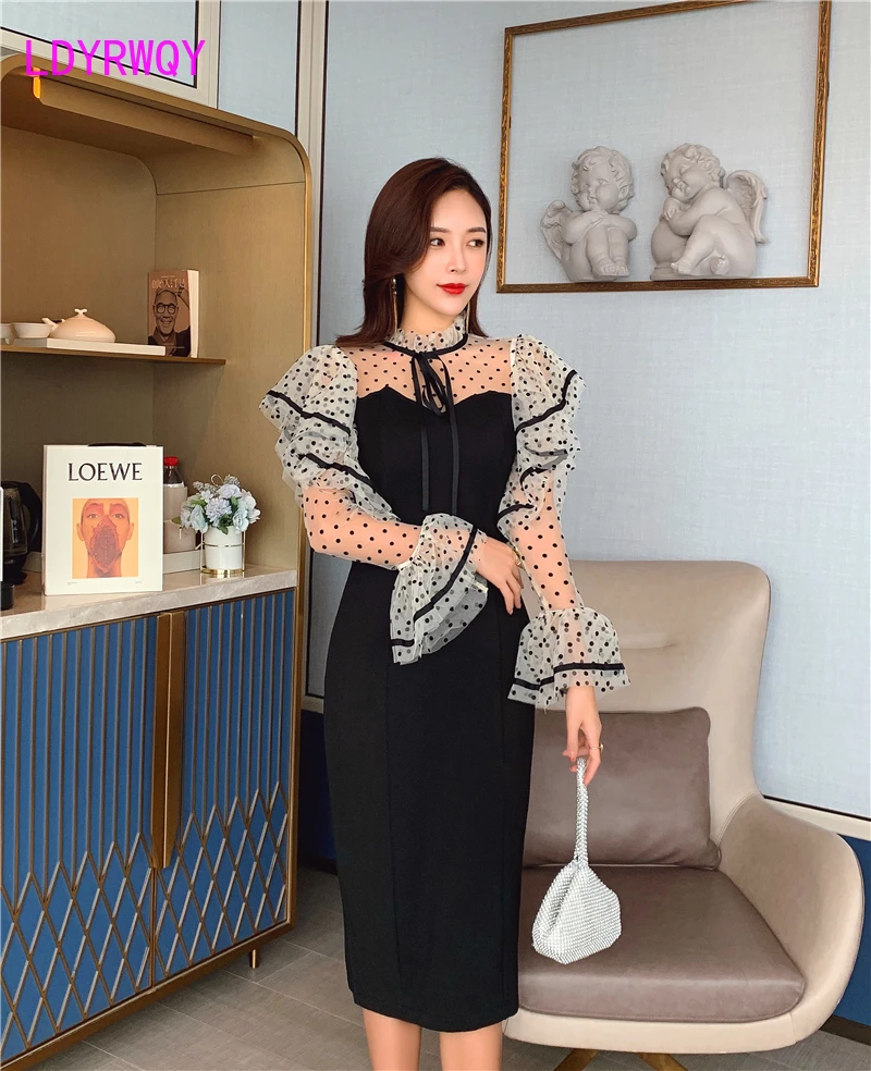 

2019 autumn new French retro ladies temperament wave point mesh female waist slimming dress