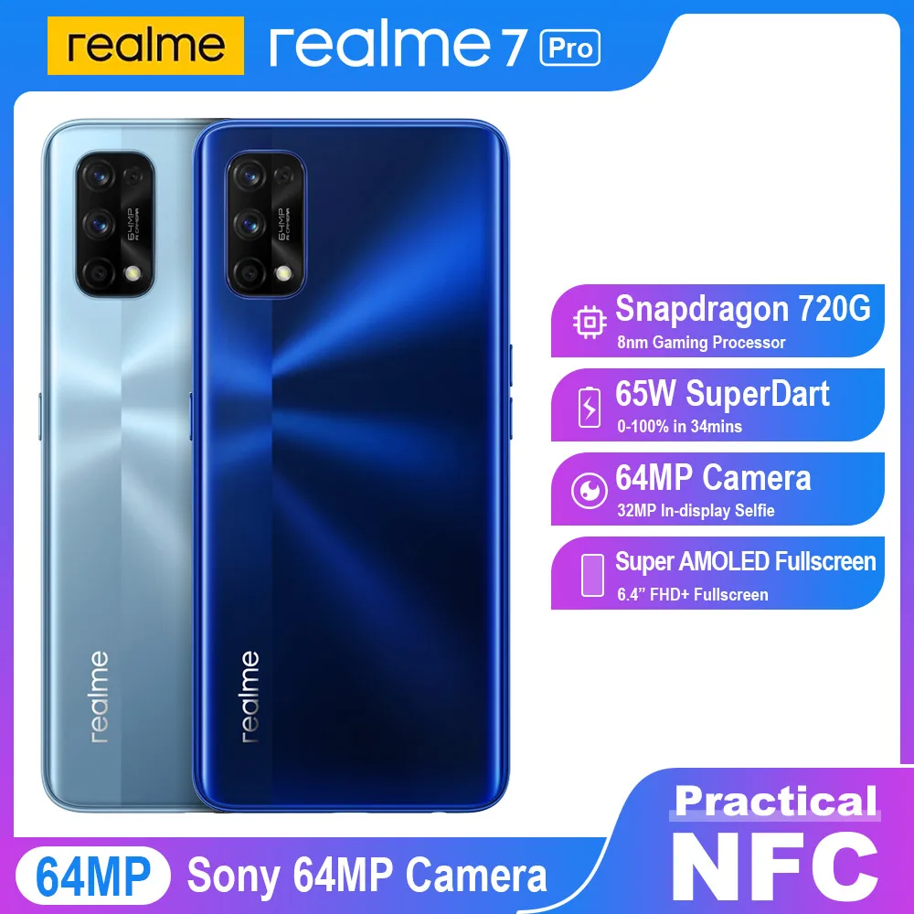 Смартфон Realme 7 Pro, NFC, Android, Snapgragon, 720G, 8 ГБ, 128 ГБ, 64 мп, 65 Вт, быстрая зарядка, 4500 мАч