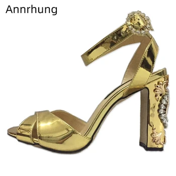 

Gold Patent Leather Sandals Women Jeweled Clock Decor Heel Cross Band Ankle Strap Rhinestone High Heel Summer Sandalias