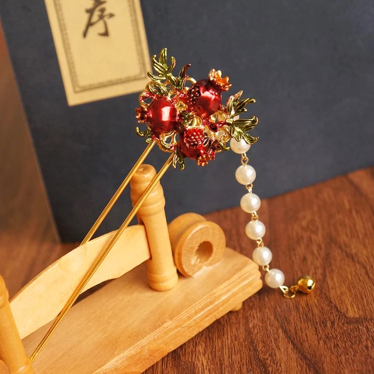 Древний стиль Hanfu красный цветок граната длинный головной убор с кисточками классические аксессуары для волос антикварная шпилька, которая сотрясается при ходьбе Косплей - Цвет: Pearl Tassel