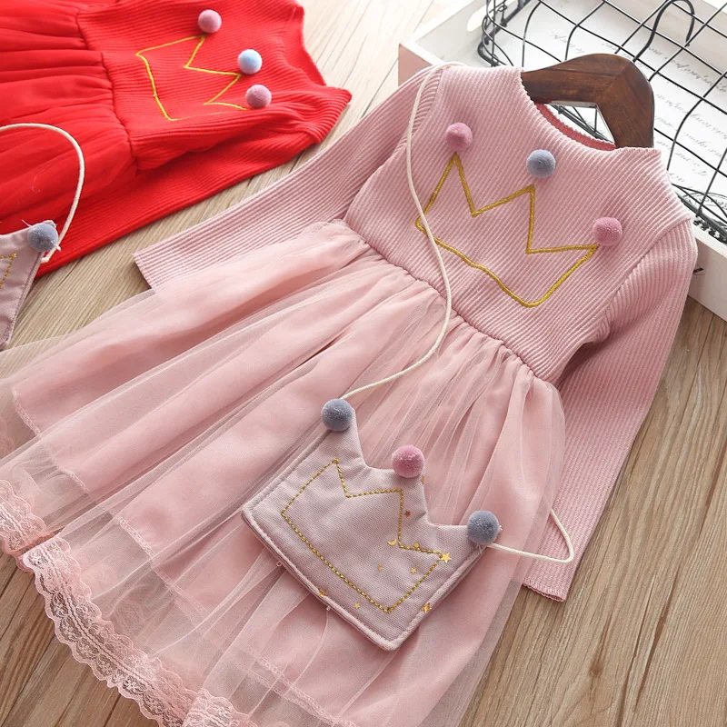 Платье для маленьких девочек осенне-весенняя одежда для детей, хлопковые платья принцессы детская одежда с сумочкой, для детей от 0 до 4 лет, модное платье пачка