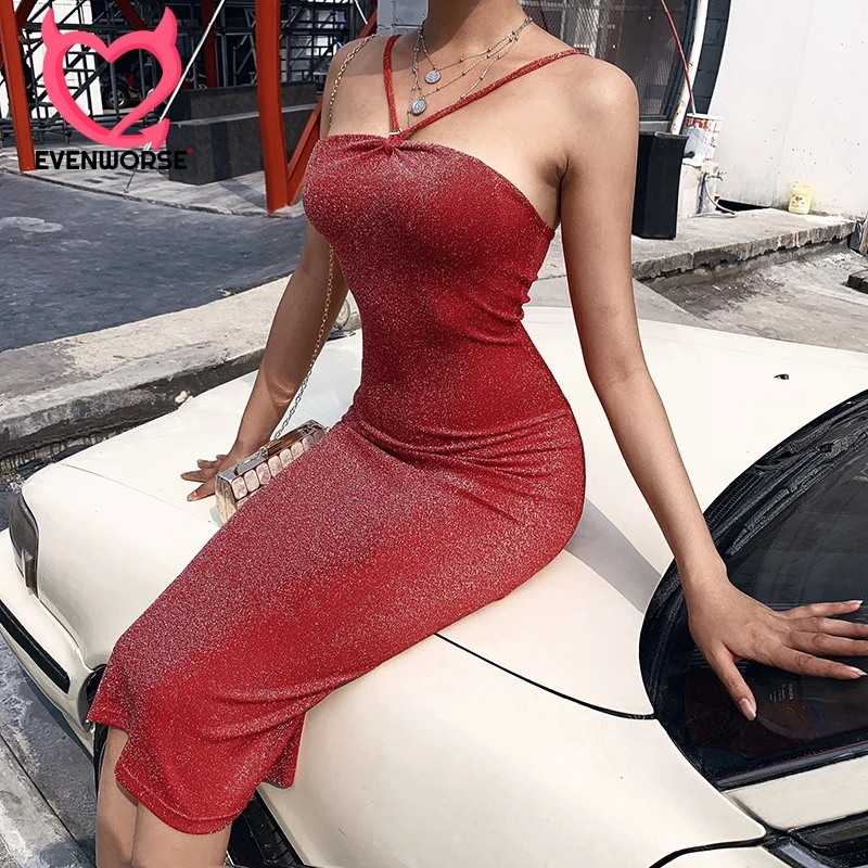 

Evenworse Red Halter Strapless Dress Female Sparkling Sexy Backless Slim Dress Fashion 2020 Elegant Party Solid Mid-calf Dress
