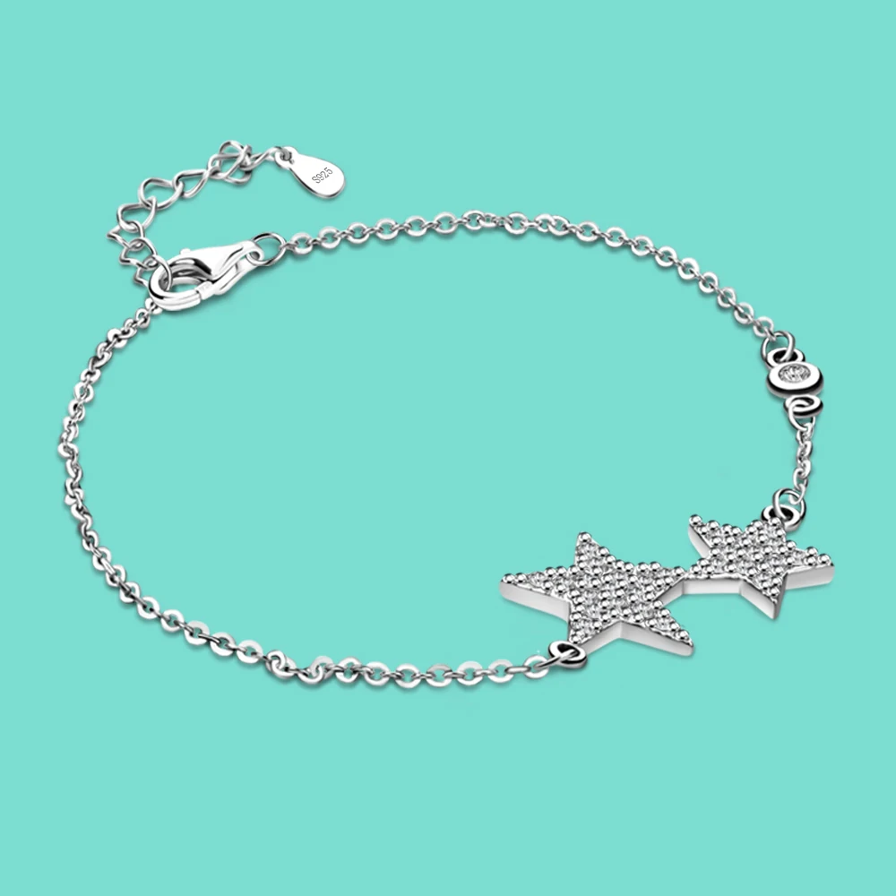Чистый 925 Серебряный браслет женский милый звезда кулон дизайн цельнолитой серебряный браслет 20 см длина день рождения ювелирные изделия для девочек