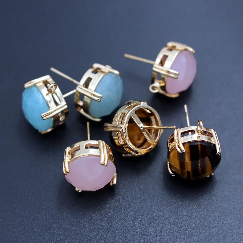 

10pairs Round Natural Rose Quartz Blue Stone Earrings Post Connectors Silver Gold Plated For DIY Women Dangle Earrings Making