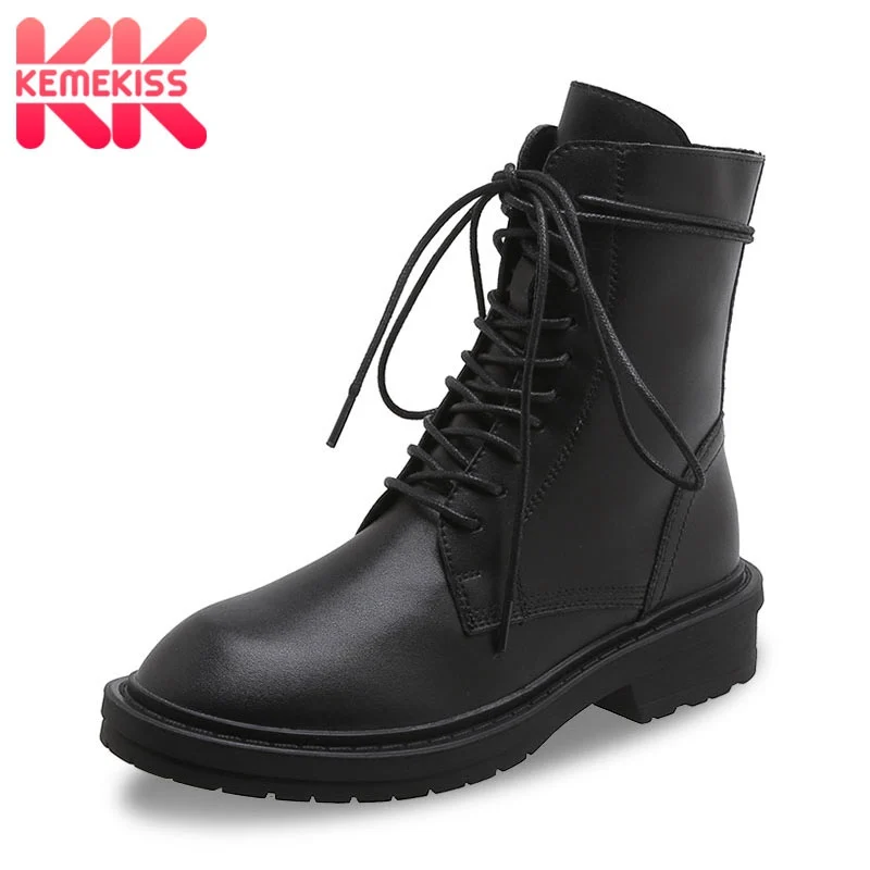 

KemeKiss Real Leather Women Ankle Boots Strap Zipper Fashion Women Shoes New Round Toe Non-Slip Thick Heel Footwear Size 35-40