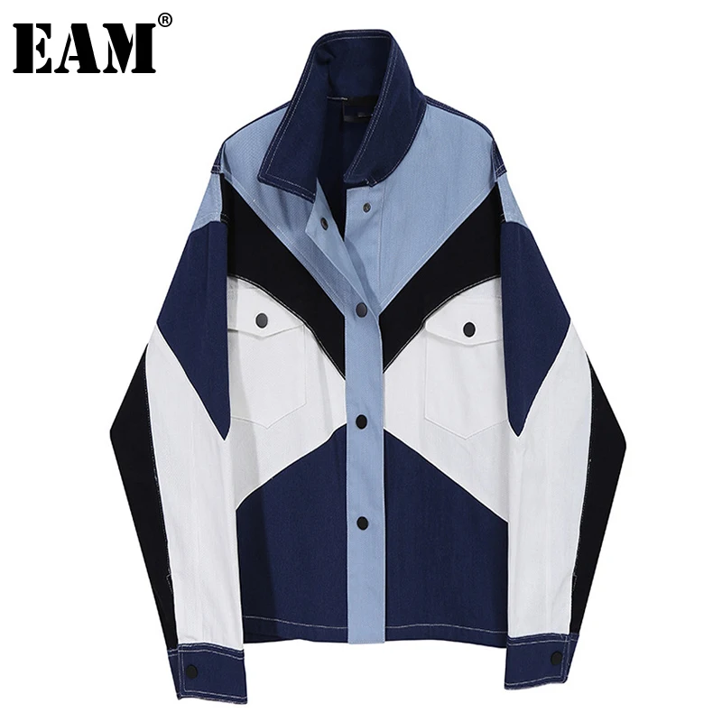 Long-Sleeve Women Coat Spring Denim Jacket Blue EAM Fashion Fit Lapel Autumn Loose 1DB903