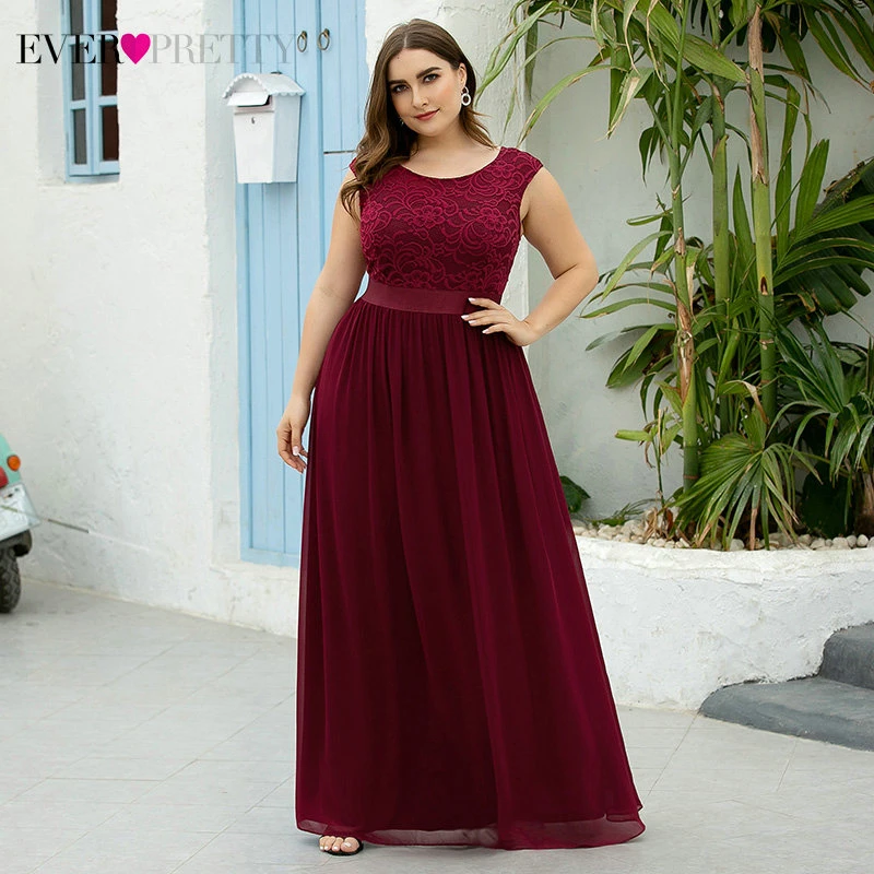 

Plus Size Burgundy Evening Dresses Ever Pretty EP00646BD A-Line O-Neck Sleeveless Elegant Lace Evening Gowns Robe De Soiree 2020