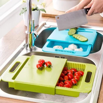 

Cutting Board Multicolor Kitchen Tool with Handle 3 in 1 Drain Basket Durable Retractable Removable Filter Frame Sturdy