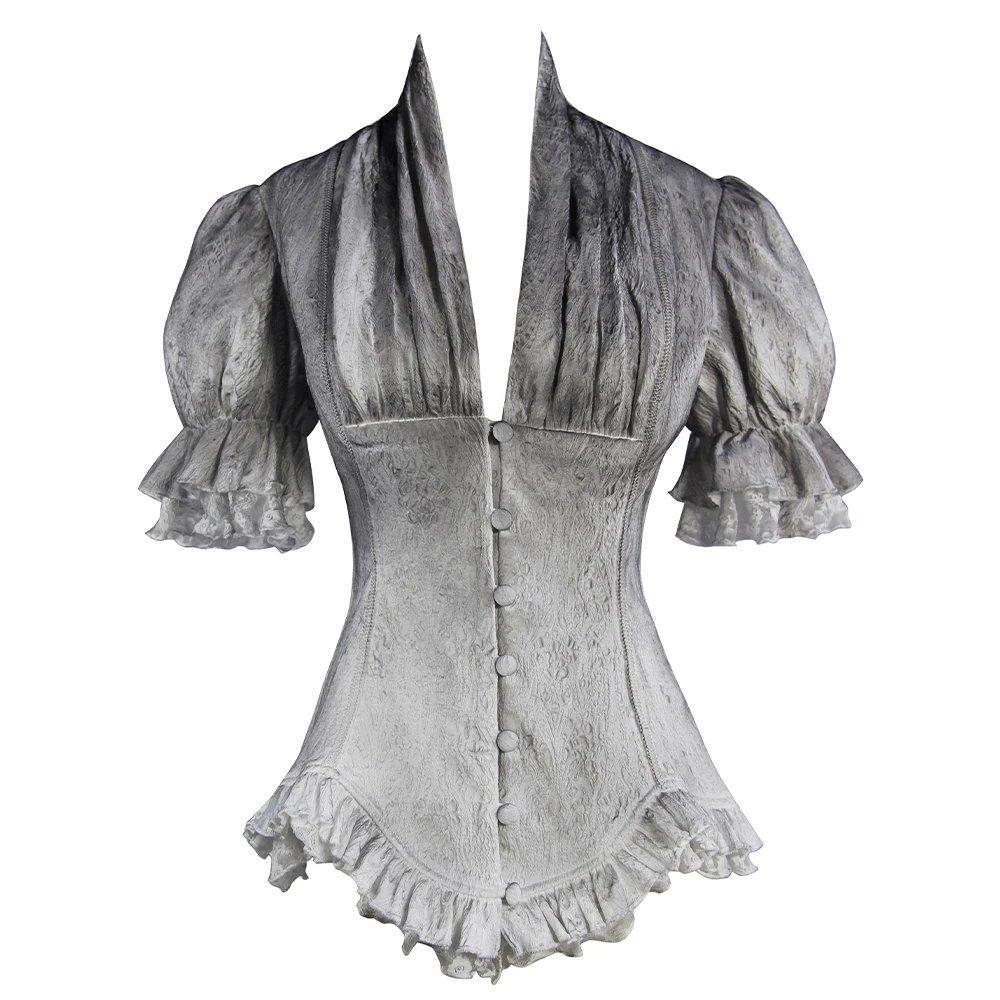 

Gothic Ruffle Shirt for Women Victorian Petal Sleeve Grey Cotton Shirts Deep V Neck Formal Blouses