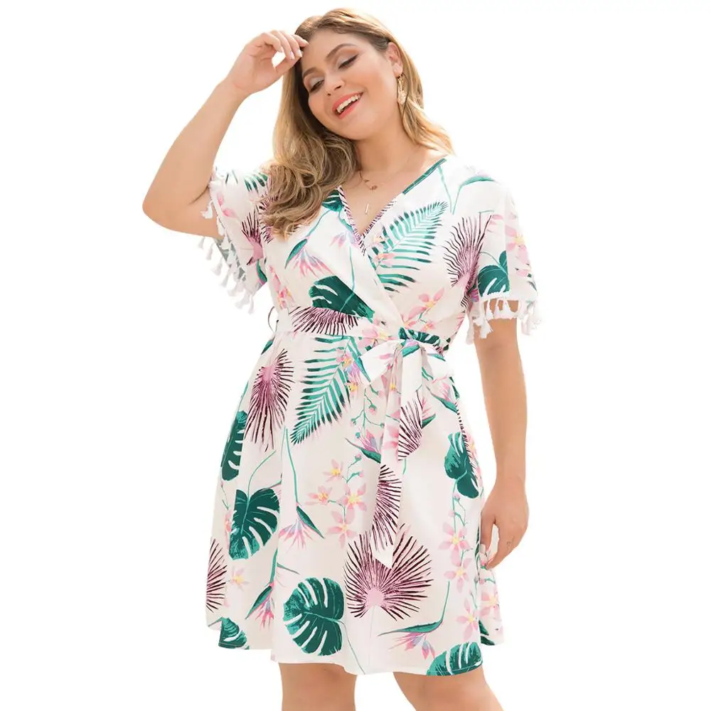 

Summer Tassel Big Size Dresses Women Plus Size 3XL 4XL Sashes Deep V-Neck Beach Short Flare Sleeve Pink Party Dress Ladies