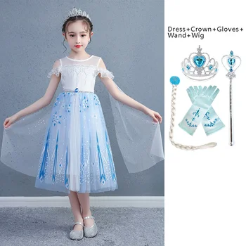 

3 5 6 8 10 Years White Blue Elsa Dress for Girls Summer Sleeveless Lace Elegant Pageant Clothes Children Snow Queen Casual Dress