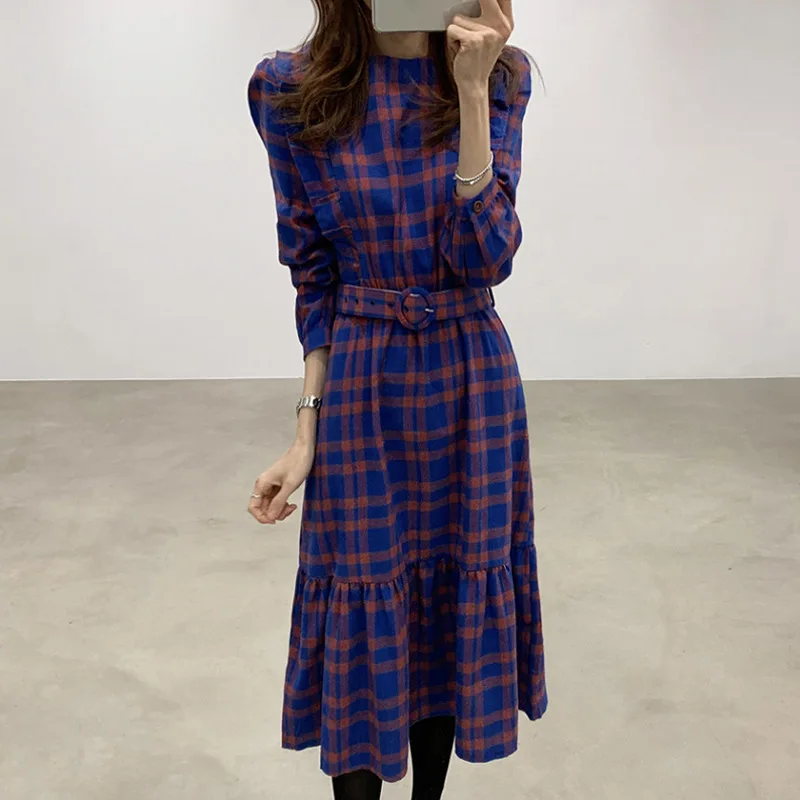 

2019 Autumn And Winter New Style French fu gu qun with Overcoat of Long Skirts Waist Hugging over-the-Knee Plaid Dress with Belt