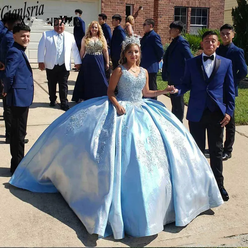 Великолепные платья quinceanera без рукавов с V образным вырезом красивые 16 синее