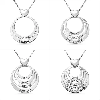 

Family Jewelry Sterling Silver Engraved Circles Necklace With Heart Personalized Name Necklace