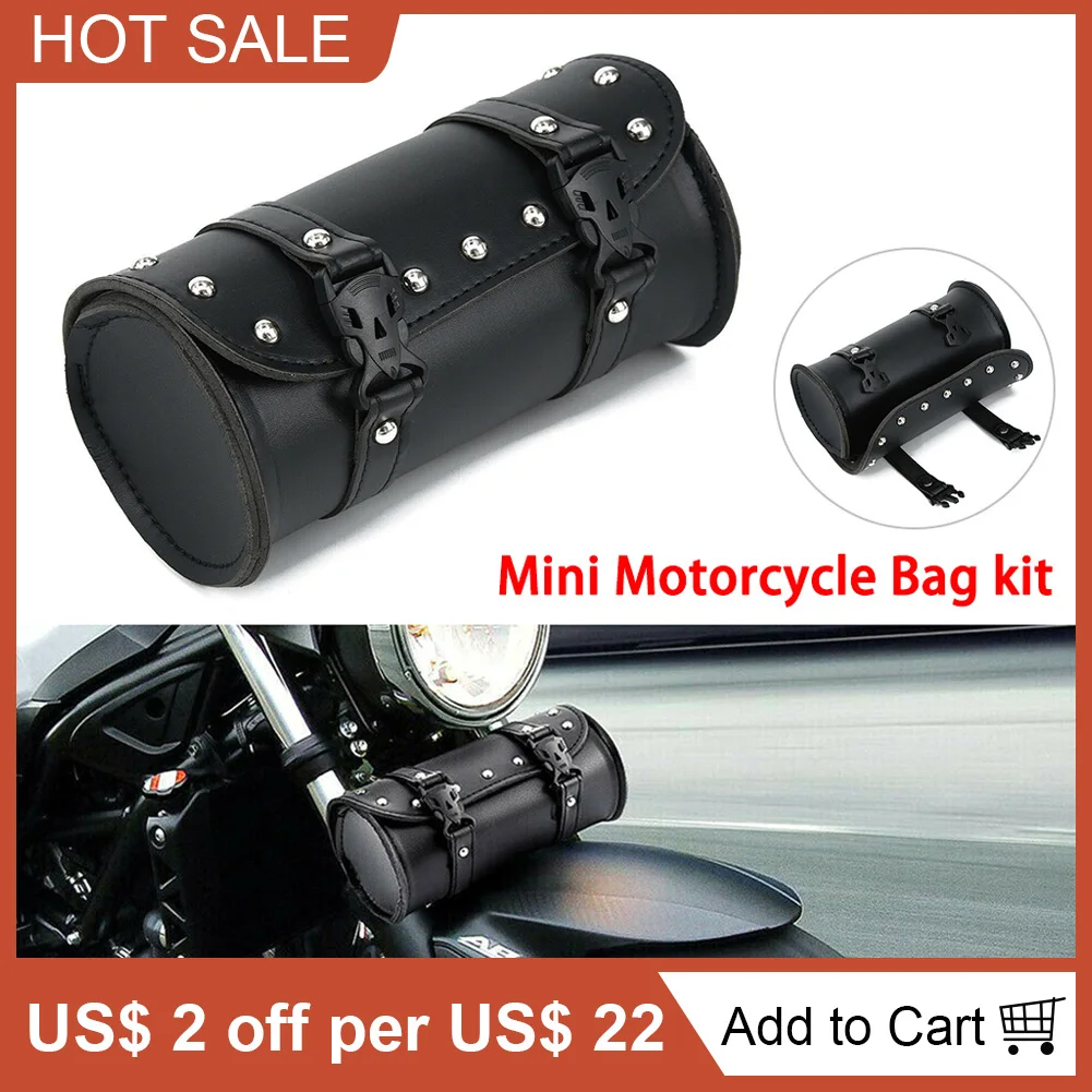 2021 New Motorcycle Fork Bag Leather Cruiser Tool Roll Barrel Bag Fork Barrel Shape Handlebar Black Saddlebags Storage
