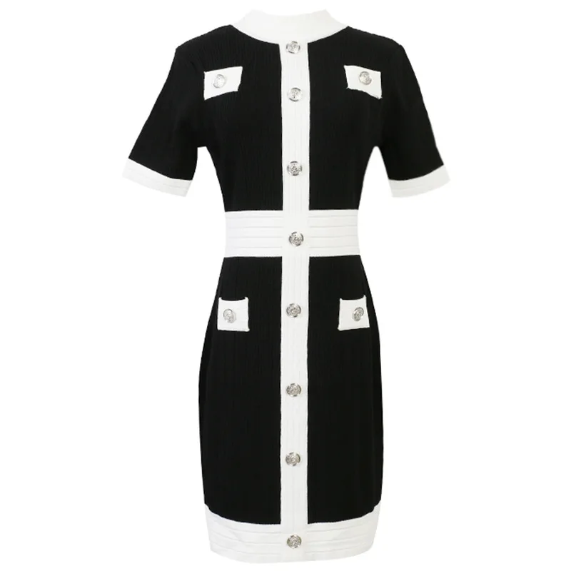 

New Runway Designer 2020 Women Summer Casual Short Sleeve Metal Buttons A-line Mini Dress