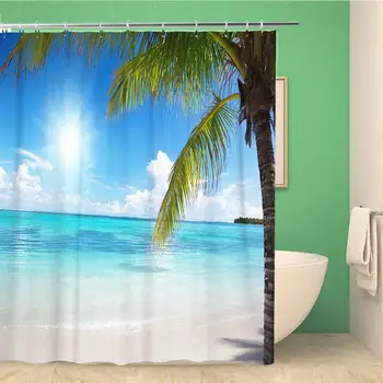 

Bathroom Shower Curtain Blue Beach Ocean and Coconut Palms Green Caribbean Island Polyester Fabric Waterproof Bath Curtain Set
