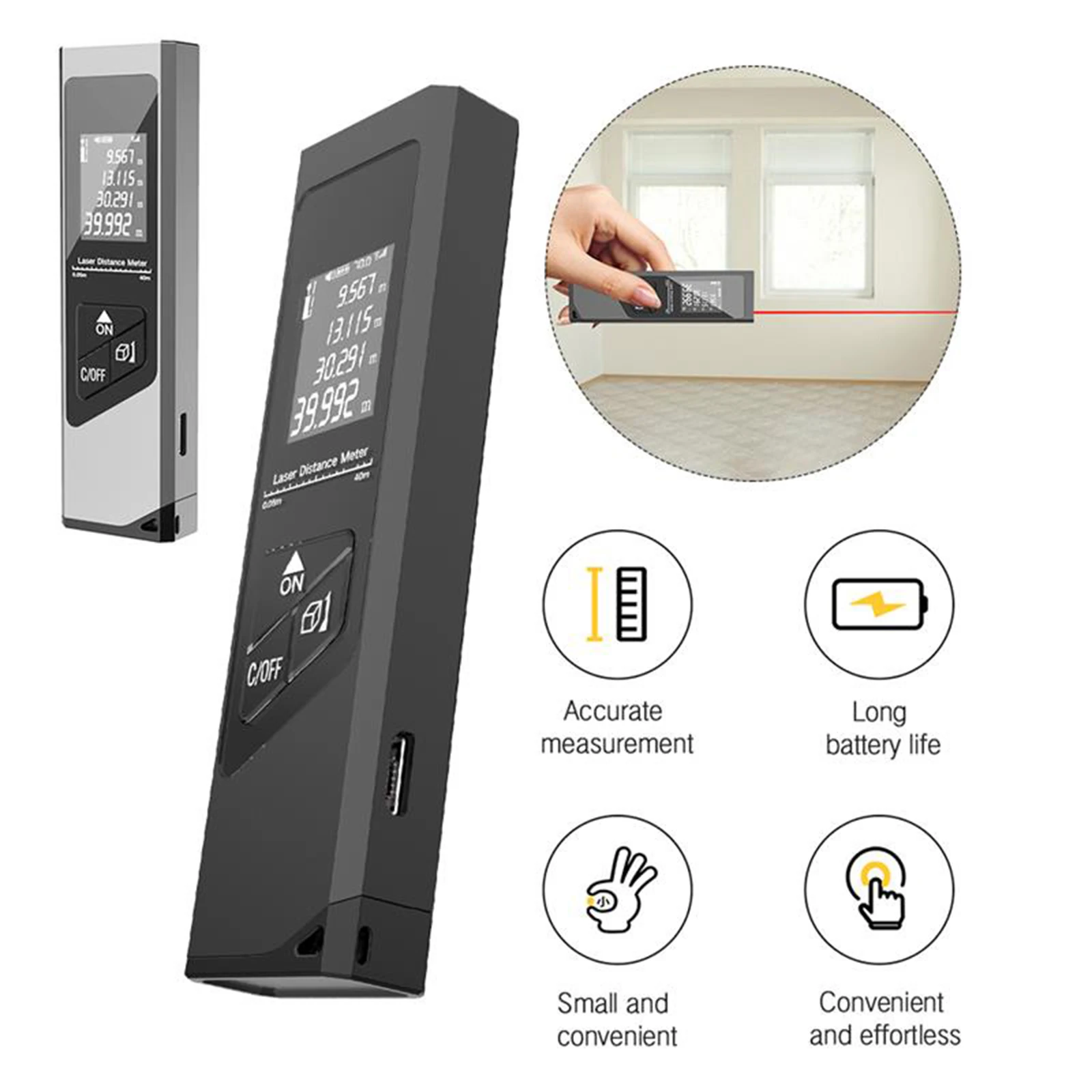

40M Smart Digital Laser Distance Meter Range Portable Battery Charging Rangefinder Mini Handheld Distance Measuring Meter