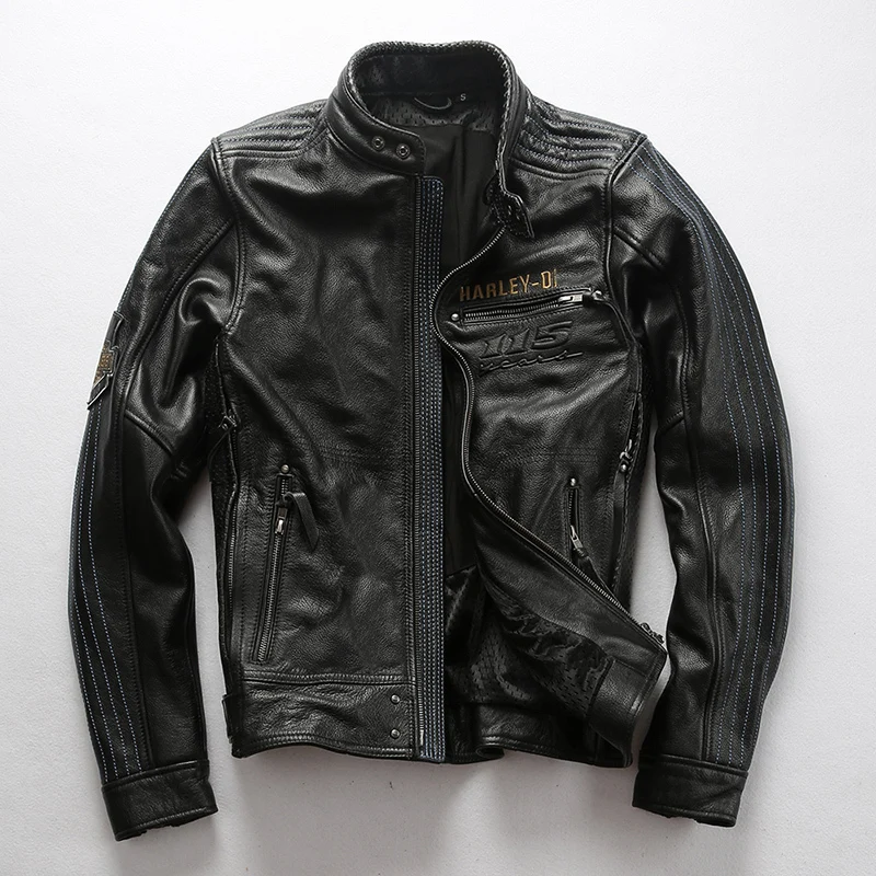 

2020 Fashion Genuine Men Slim Fit Profession Motorcycle Biker Jacket Stand Collar Cowskin Real Leather Coat