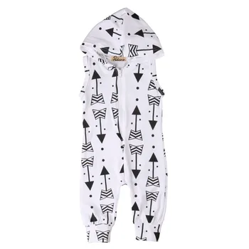 

Pudcoco US Stock Newborn Baby Girls Boys Printed Hooded White Zipper Arrow Romper Sleeveless Outwear