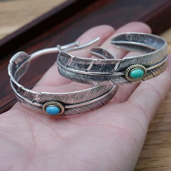 

Starfield S925 Sterling Silver Jewelry Vintage Thai Silver Simple Feather Mosaic Turquoise Men's Open Ended Bangle