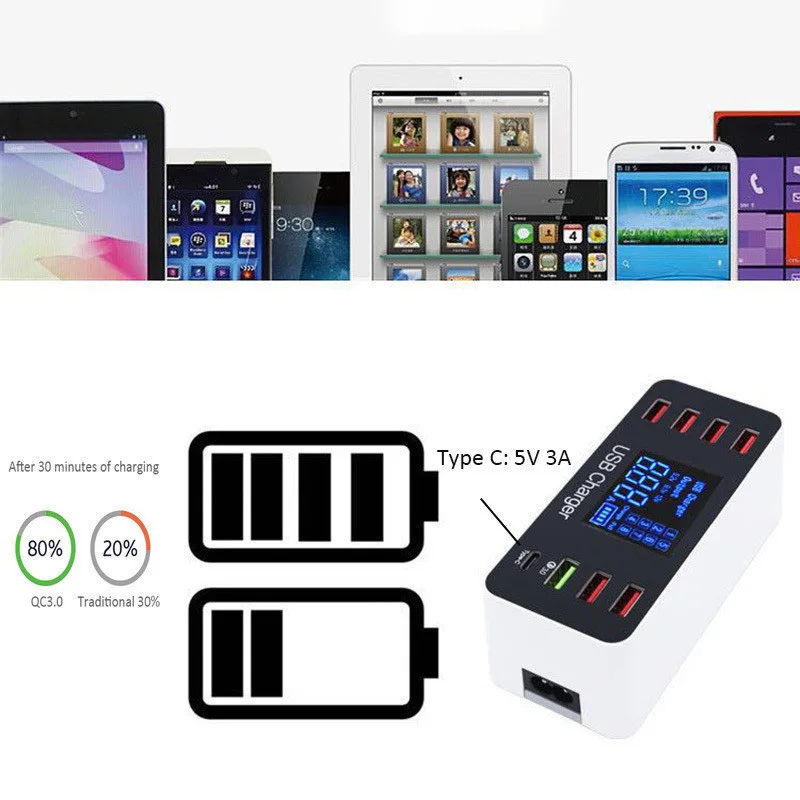 8 портов мульти быстрое Usb зарядное устройство Быстрая зарядка 3,0 несколько Usb зарядная станция для телефона универсальное usb-хаб зарядное устройство Qc 3,0 Led дисплей