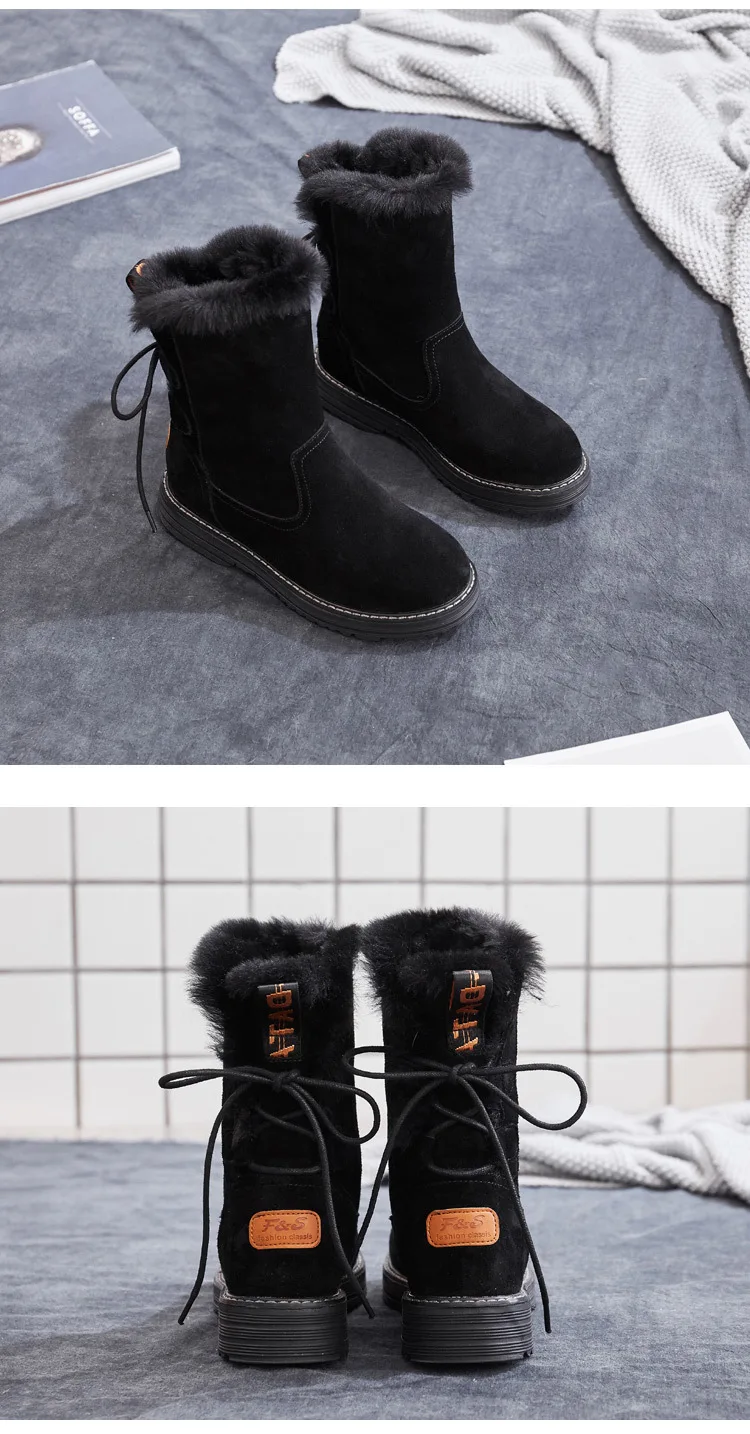 Winter Leather Warm Snow Shoes Women Boots mid-calf Plush Fur Velvet Boots Female shoes Booties Woman Footwear y190