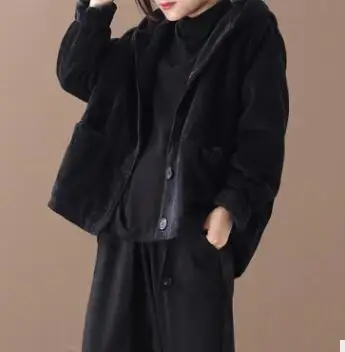 Вельветовая Женская куртка, Осень-зима, с капюшоном, однобортная, одноцветная, с карманами, свободная, Женское пальто YoYiKamomo - Цвет: Черный