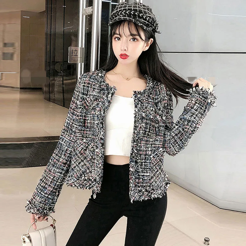 

Small Fragrance Ladies Vintage Black Tweed Jacket Coats Autumn Women Open Stitch Woolen Coat Long Sleeve Short Jackets Outerwear