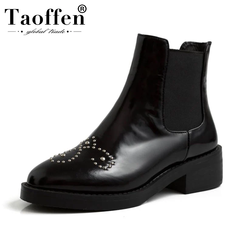 

Taoffen Real Leather Ankle Boots Casual Flats Chelsea Boots Round Toe Daily Boots Winter Retro Punk Short Boots Size 34-42